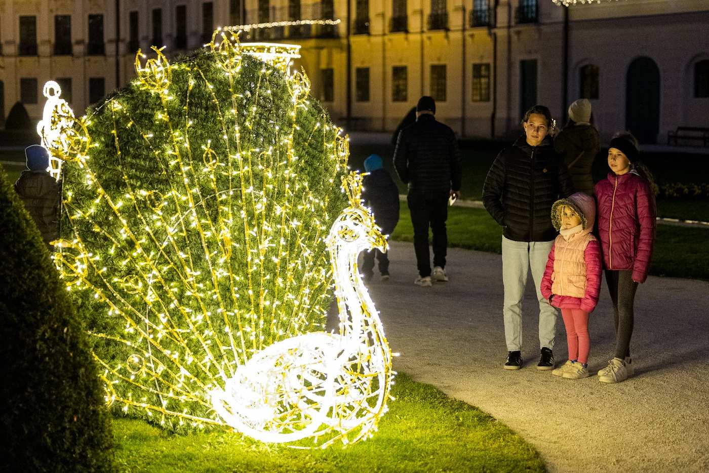 Ein Pfau aus goldenem Licht am Weg, eine Familie betrachtet ihn